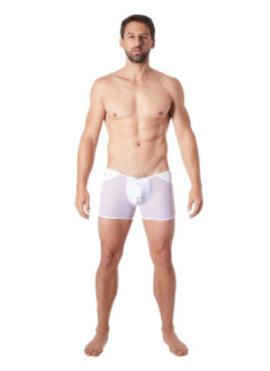 Boxer blanc sexy maille transparente et bande style cuir - LM807-67WHT